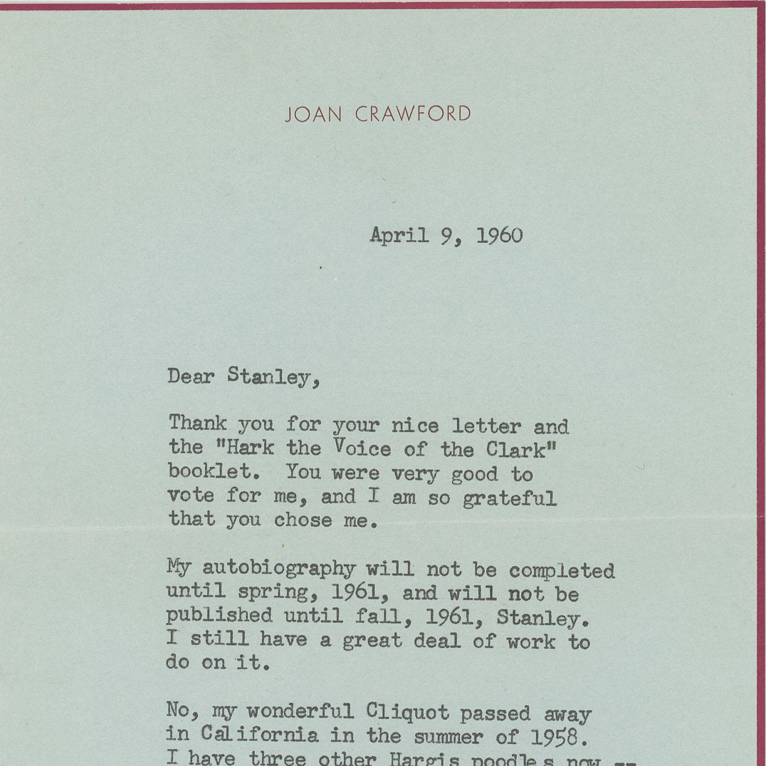 Joan Crawford TLS Informing Recipient of the Passing of her Pooch Cliquot