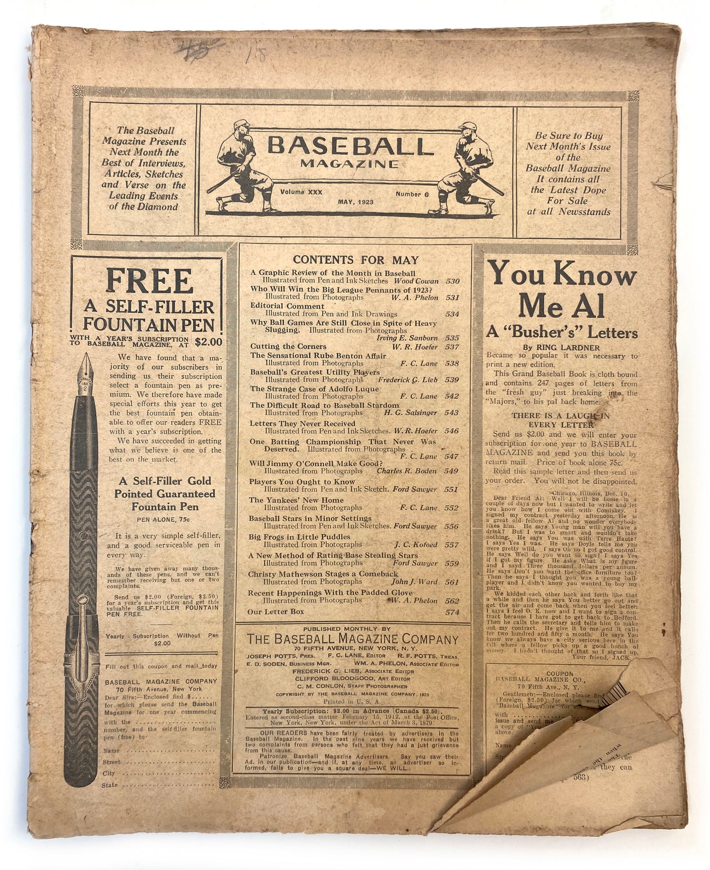 May of 1923 | Baseball Magazine | "Free Self-Filler Fountain Pens!"