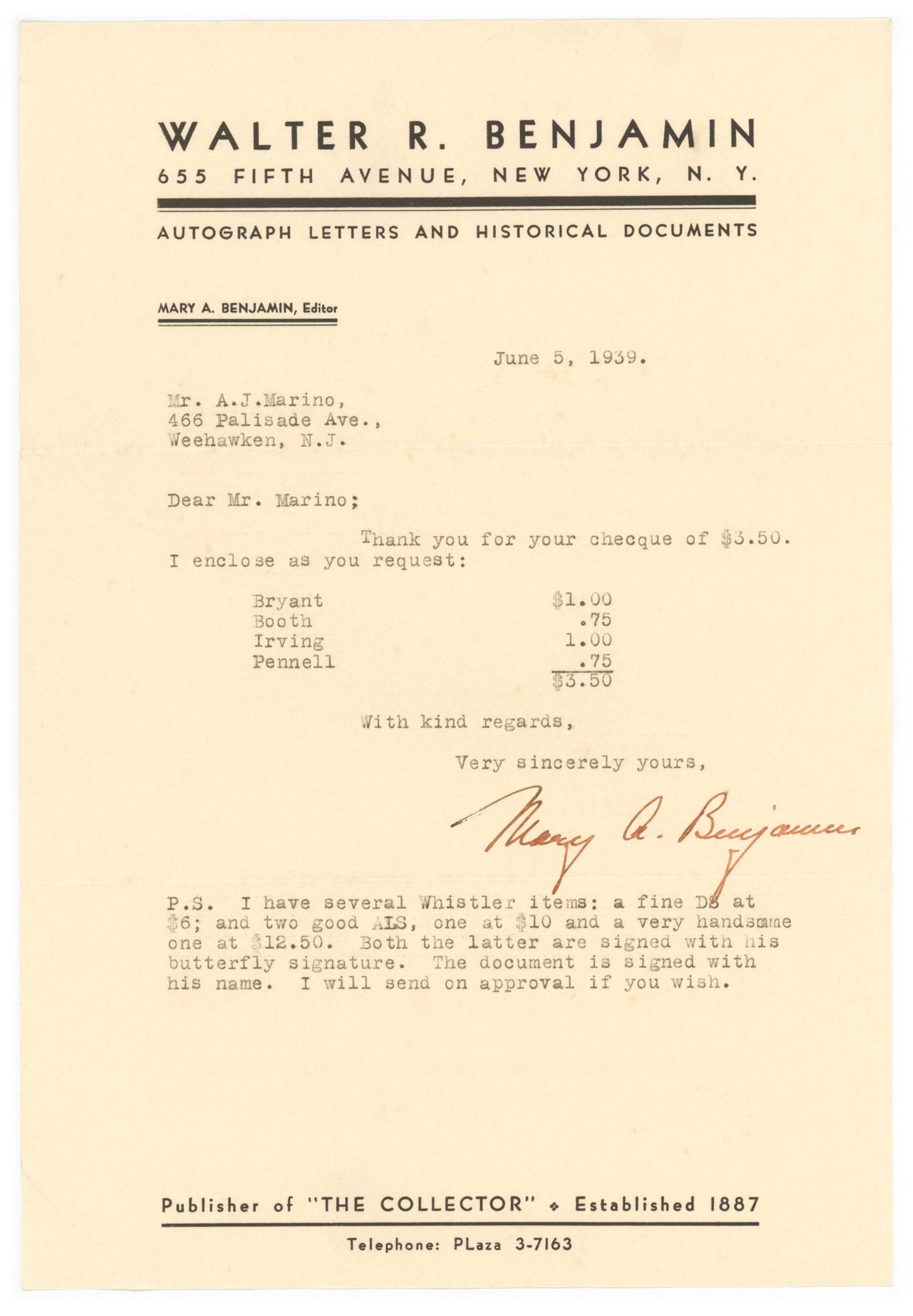 1939 Walter R. Benjamin Receipt - A Time Capsule To Formative Autograph Industry Years