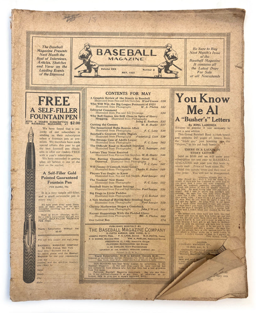 May of 1923 | Baseball Magazine |  "Free Self-Filler Fountain Pens!"